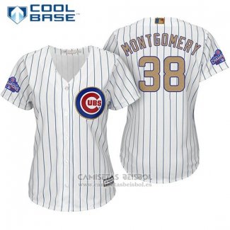 Camiseta Beisbol Mujer Chicago Cubs 38 Mike Montgomery Blanco Oro Cool Base