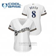 Camiseta Beisbol Mujer Milwaukee Brewers Ryan Braun 2019 Postemporada Cool Base Blanco