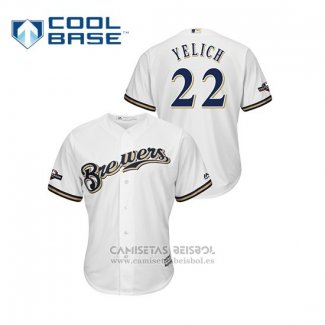 Camiseta Beisbol Hombre Milwaukee Brewers Christian Yelich 2019 Postemporada Cool Base Blanco