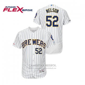 Camiseta Beisbol Hombre Milwaukee Brewers Jimmy Nelson Autentico Flex Base Blanco Azul