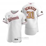 Camiseta Beisbol Hombre Washington Nationals Max Scherzer Gold-Trimmed Championship Autentico Blanco