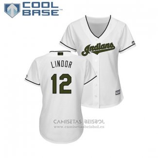 Camiseta Beisbol Mujer Indians Francisco Lindor 2018 Dia de los Caidos Cool Base Blanco