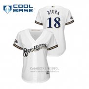 Camiseta Beisbol Mujer Milwaukee Brewers Keston Hiura 2019 Postemporada Cool Base Blanco